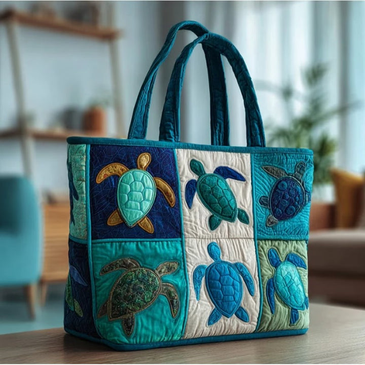 Sea Turtle Patchwork Block Quilted Tote Bag