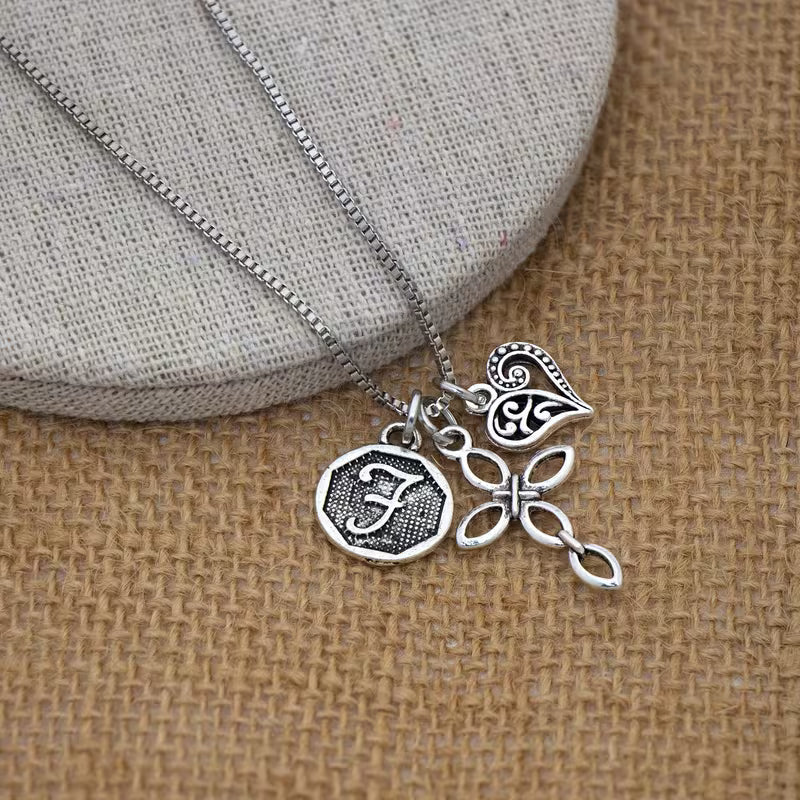 Initial Letter Heart & Cross Necklace