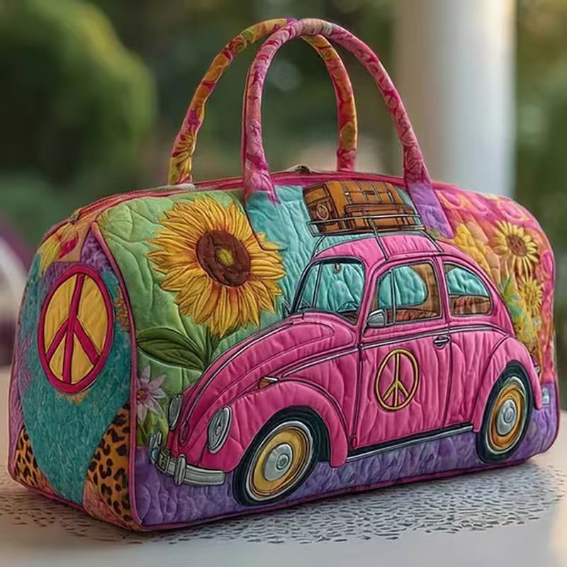 Vintage Beetle Sunflower Peace Quilted Duffel Bag