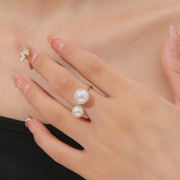 Elegant Adjustable Double Pearl Ring