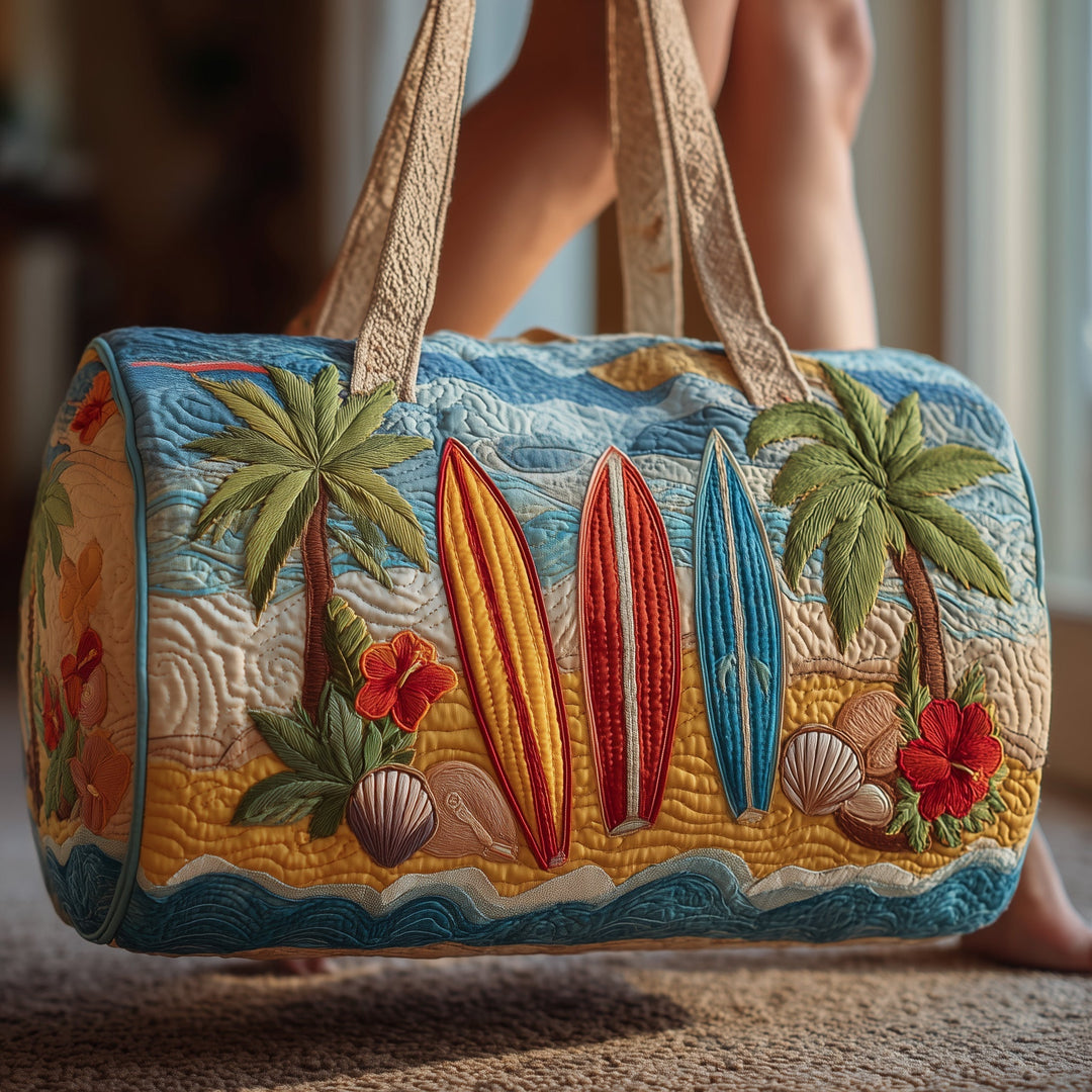 Tropical Surf Palm Tree Beach Quilted Duffel Bag
