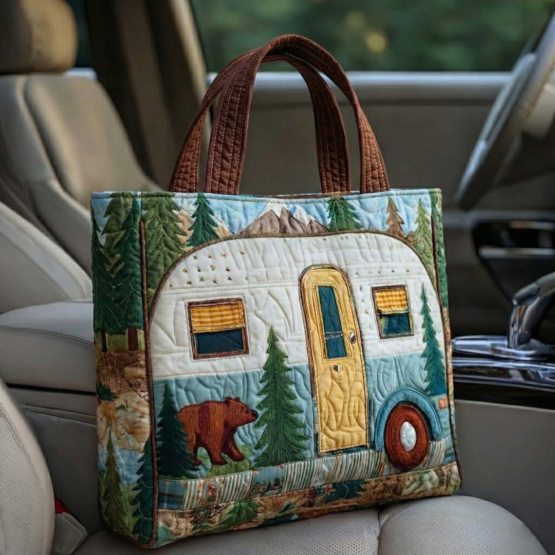 Vintage Camper Bear Quilted Tote Bag