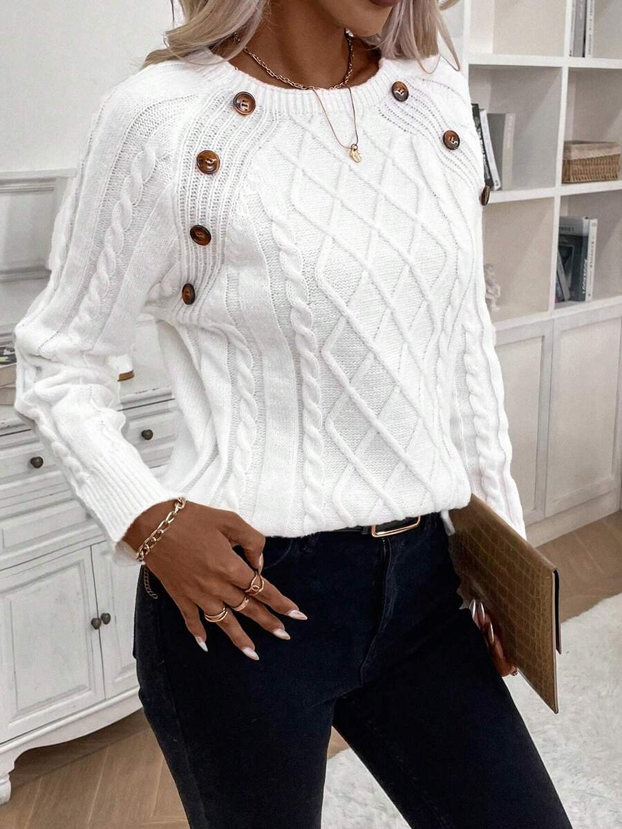 Clara – Button-Detail Cable-Knit Jumper