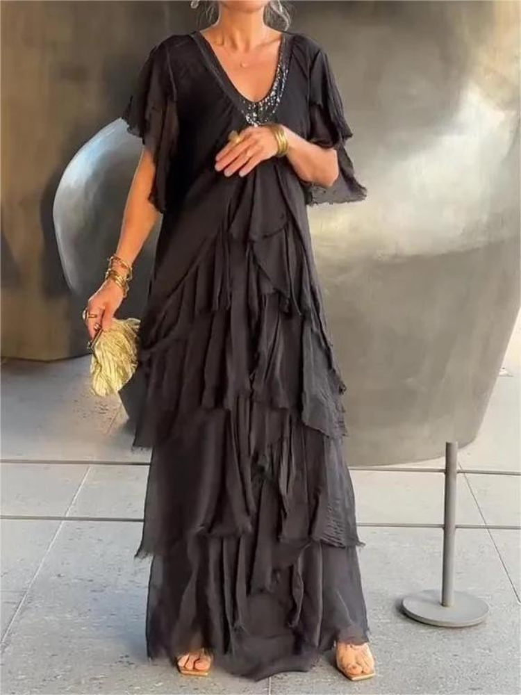 SAVANE | Long Flowing Dress with Elegant V-Neck