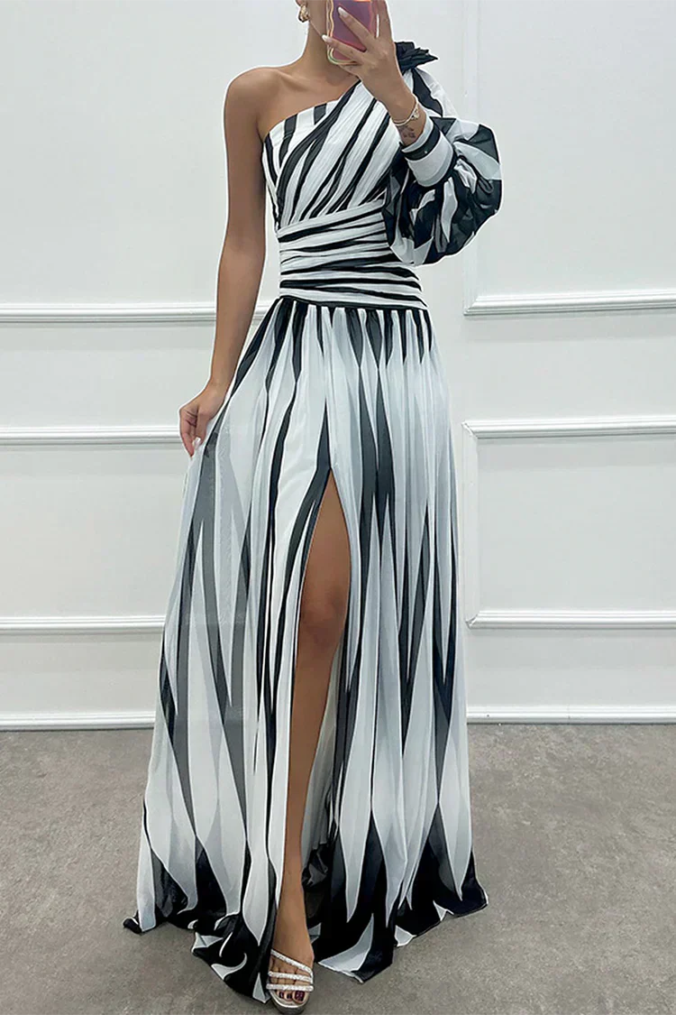 Women's Dress | Striped Maxi One Shoulder Slit