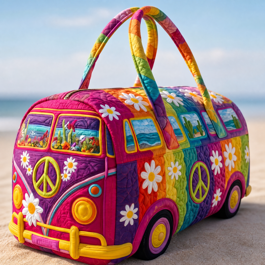 Hippie Van Daisy Flower Art Quilted Duffel Bag