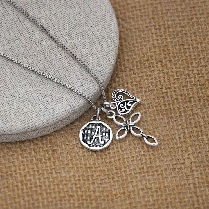 Initial Letter Heart & Cross Necklace