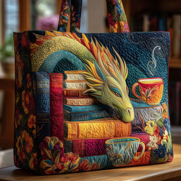 Dragon Books Coffee Art Quilted Tote Bag