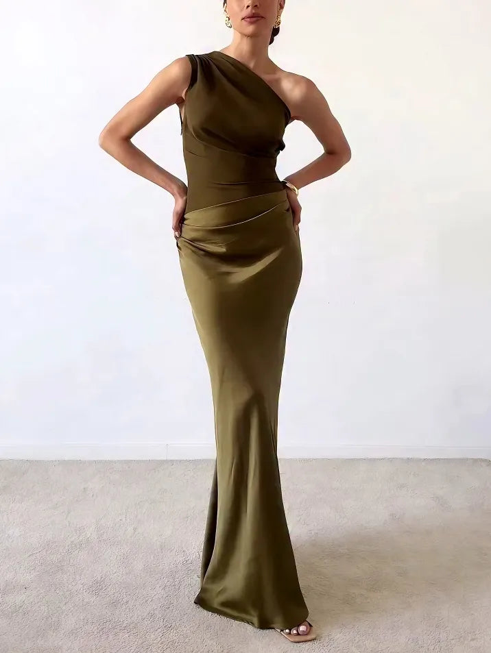 Women's Elegant One Shoulder Pleated Party Maxi Dress