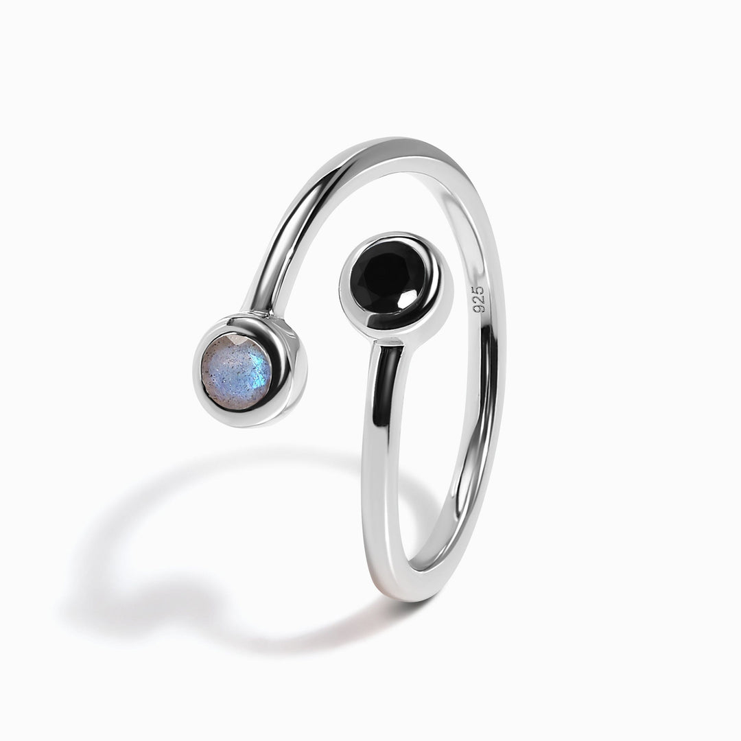 Adjustable Black Obsidian and Labradorite Ring