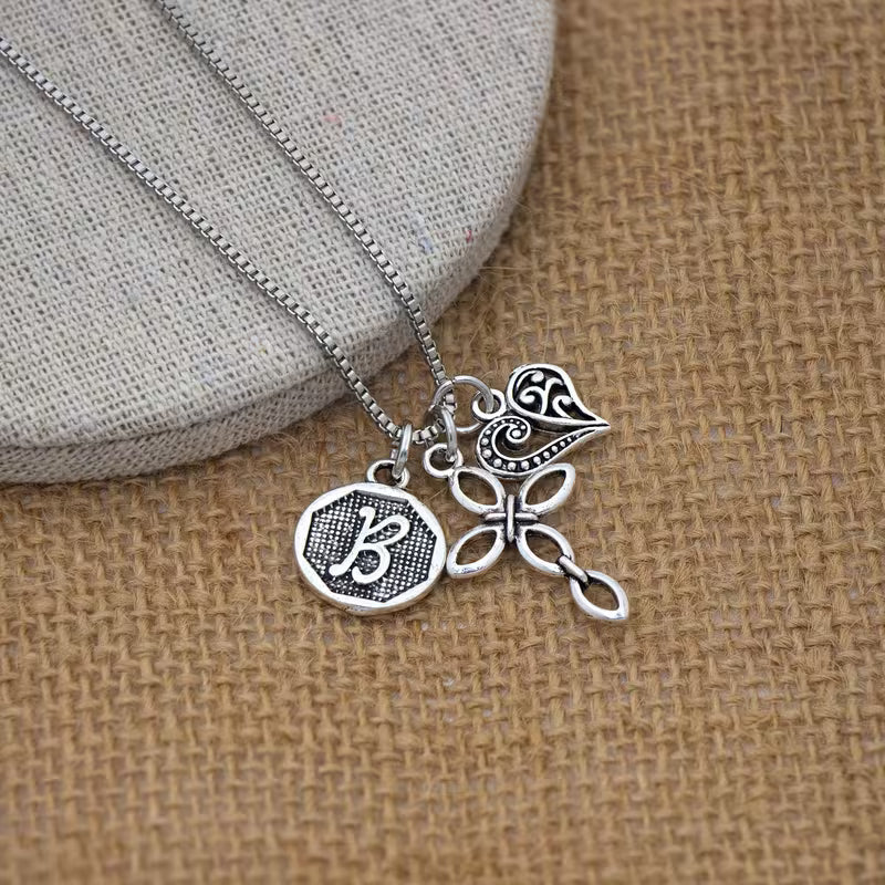 Initial Letter Heart & Cross Necklace
