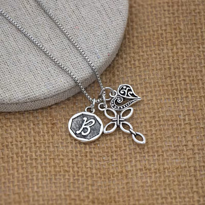Initial Letter Heart & Cross Necklace