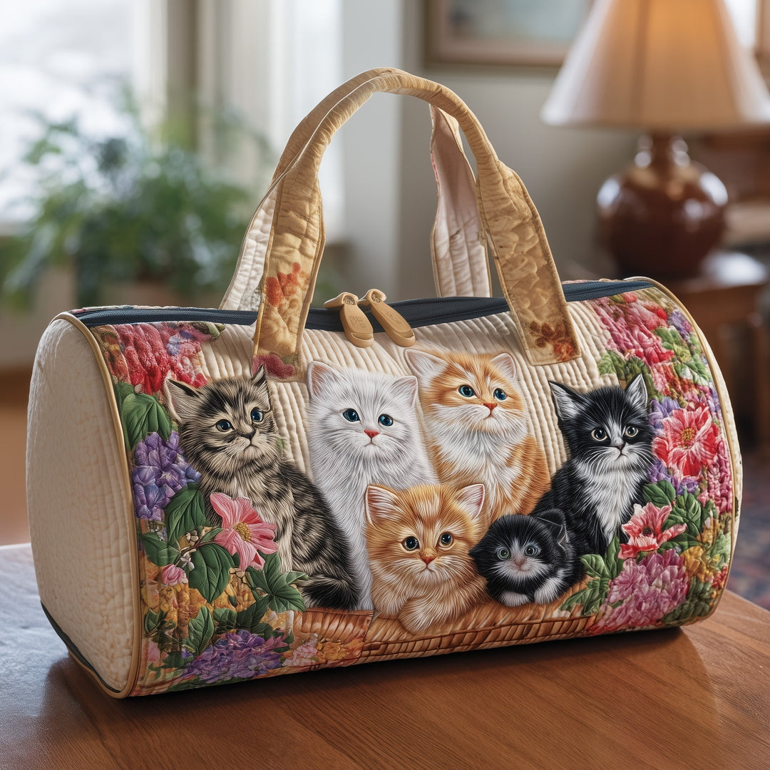 Adorable Kittens Floral Bouquet Quilted Duffel Bag