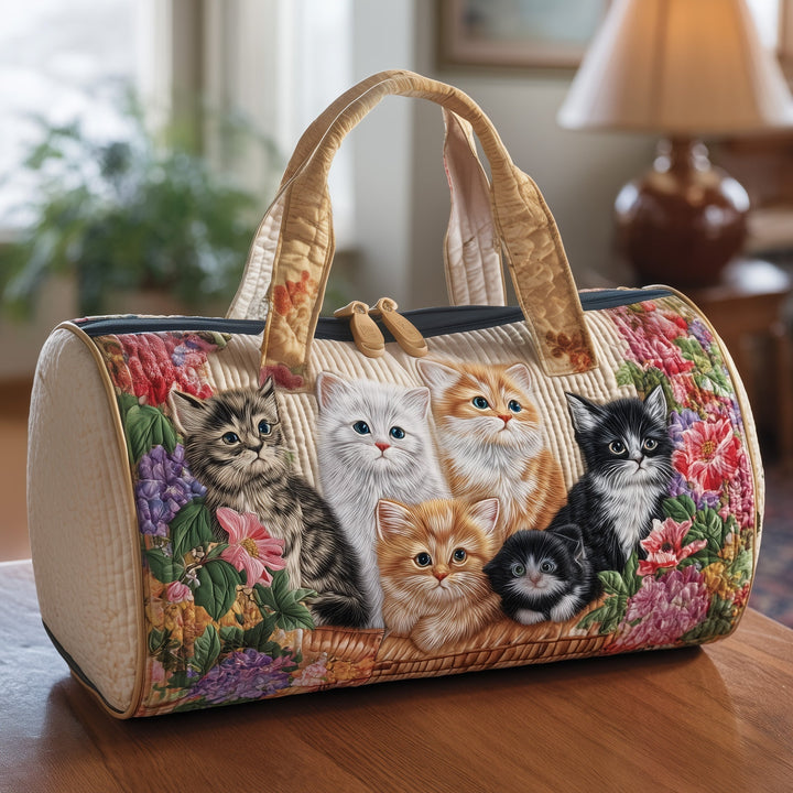 Adorable Kittens Floral Bouquet Quilted Duffel Bag