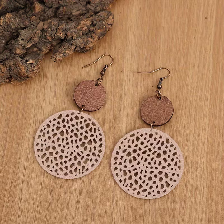Retro Boho Wood and Leather Drop Earrings