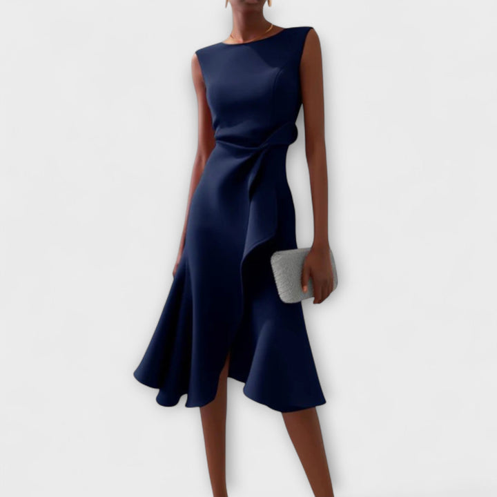 Women's Draped Asymmetric Midi Dress - Elegant Drape Dress