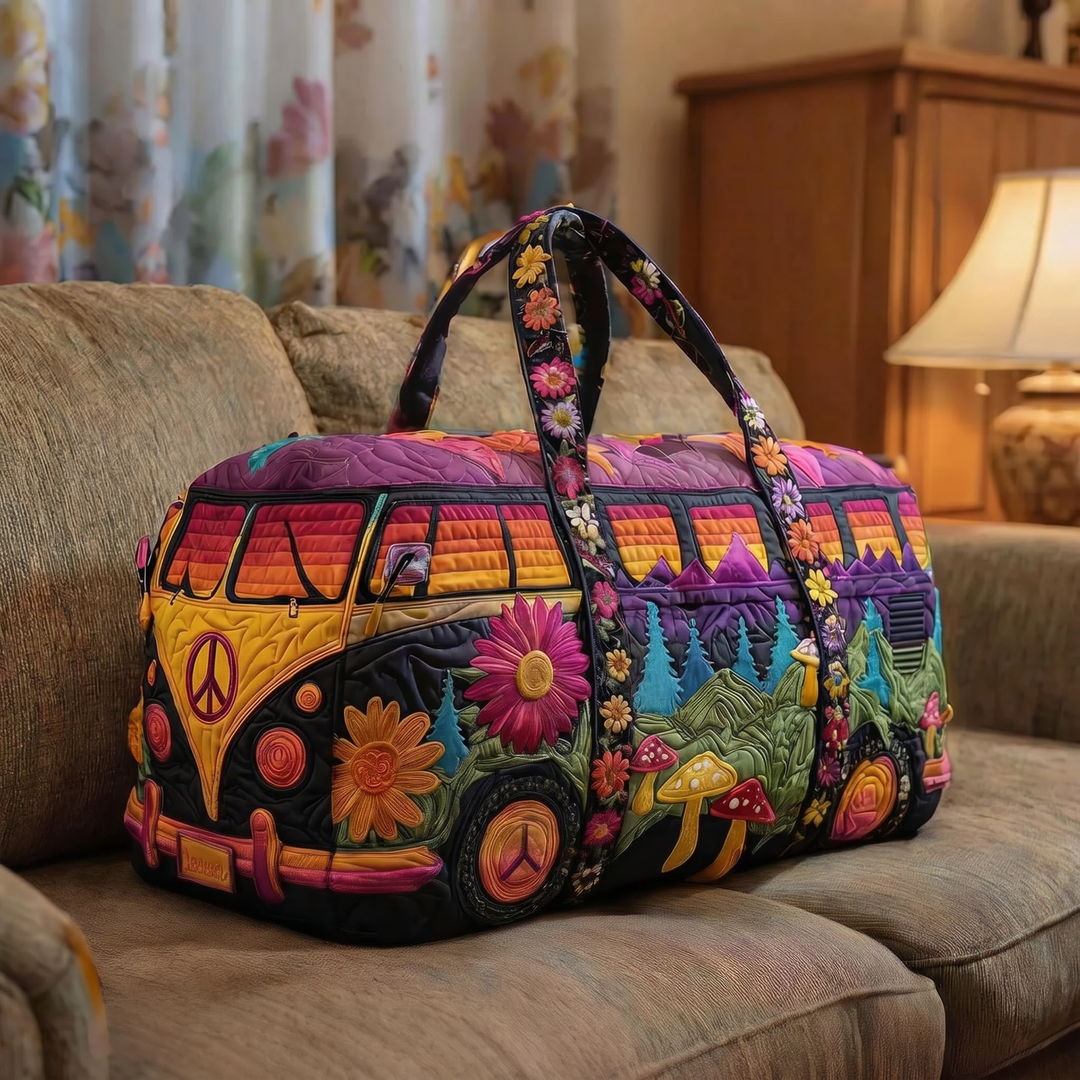 Retro Van Peace Wildflower Mushroom Quilted Duffel Bag