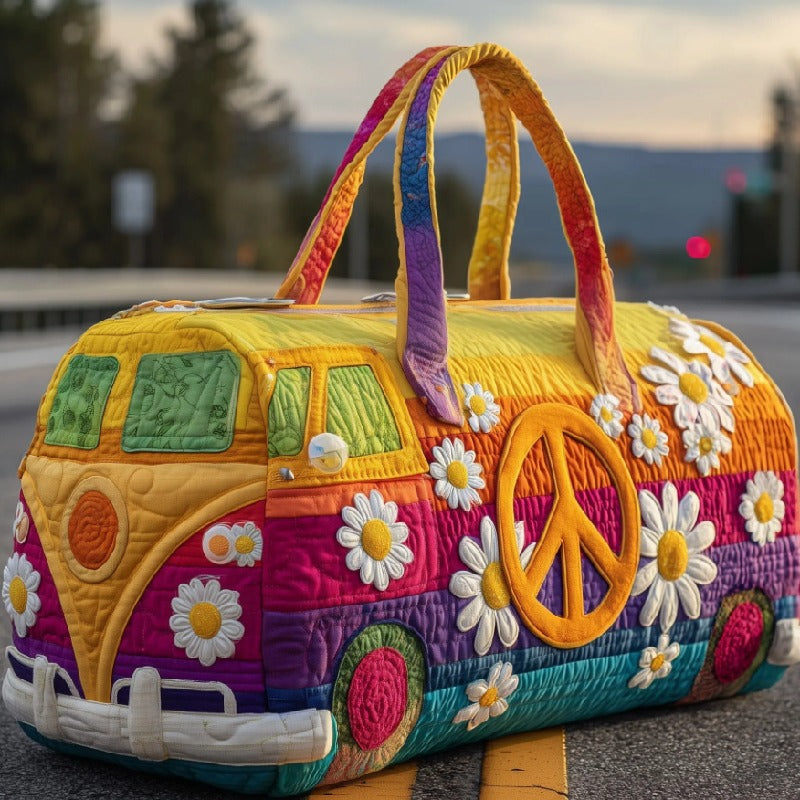 Hippie Vintage Bus Peace Daisy Quilted Duffel Bag
