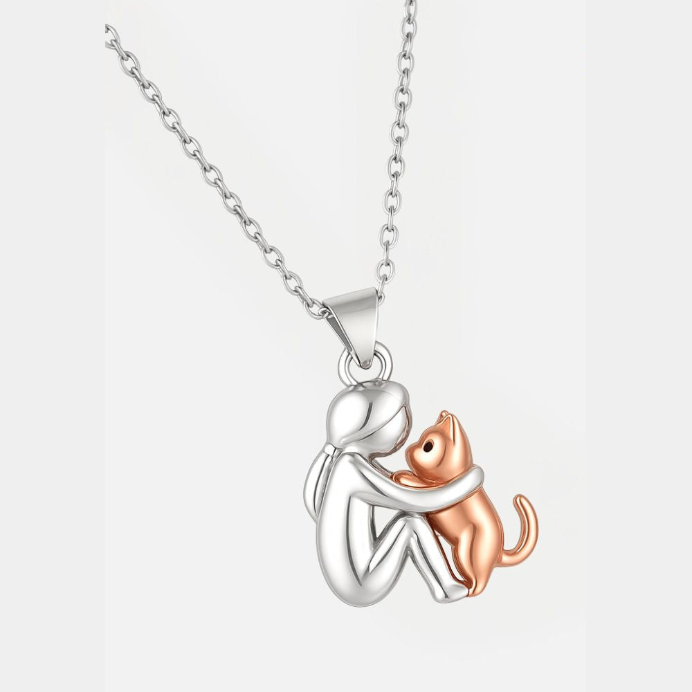 Cat Hug Pendant Necklace - Two Tone Rose Gold