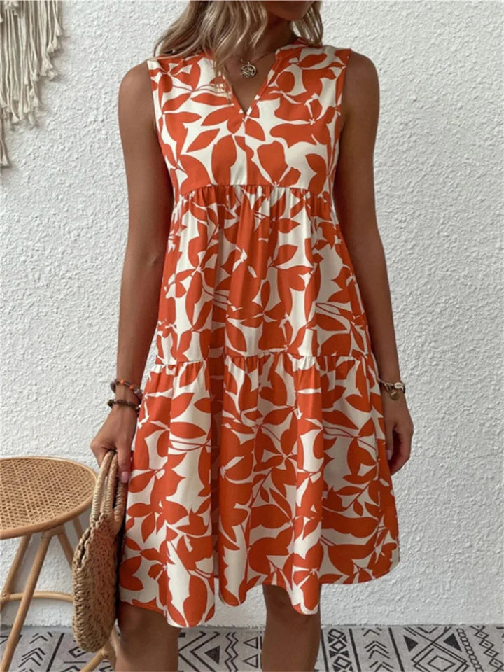 Women's Dress | Leaf Print Sleeveless V-Neck Mini