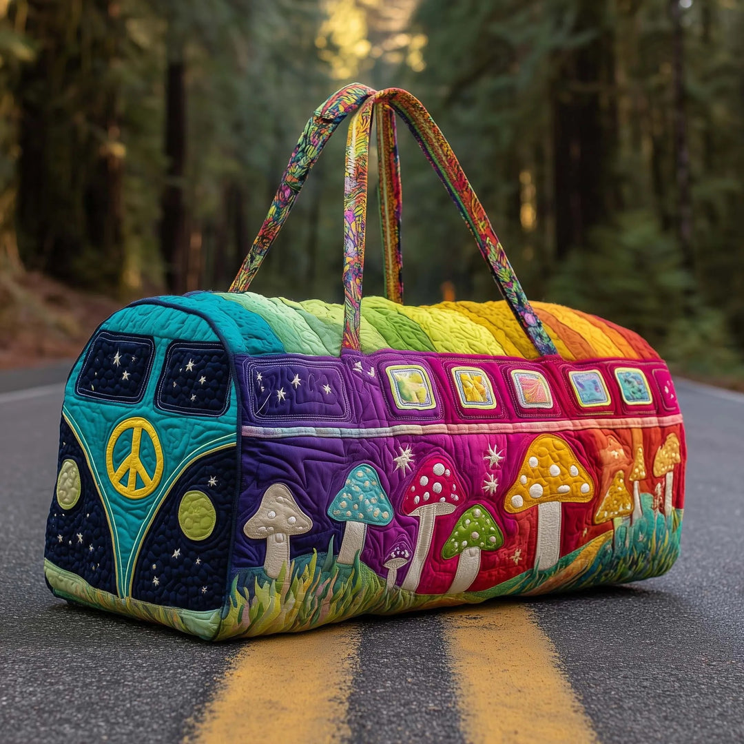 Rainbow Hippie Bus Mushroom Quilted Duffel Bag