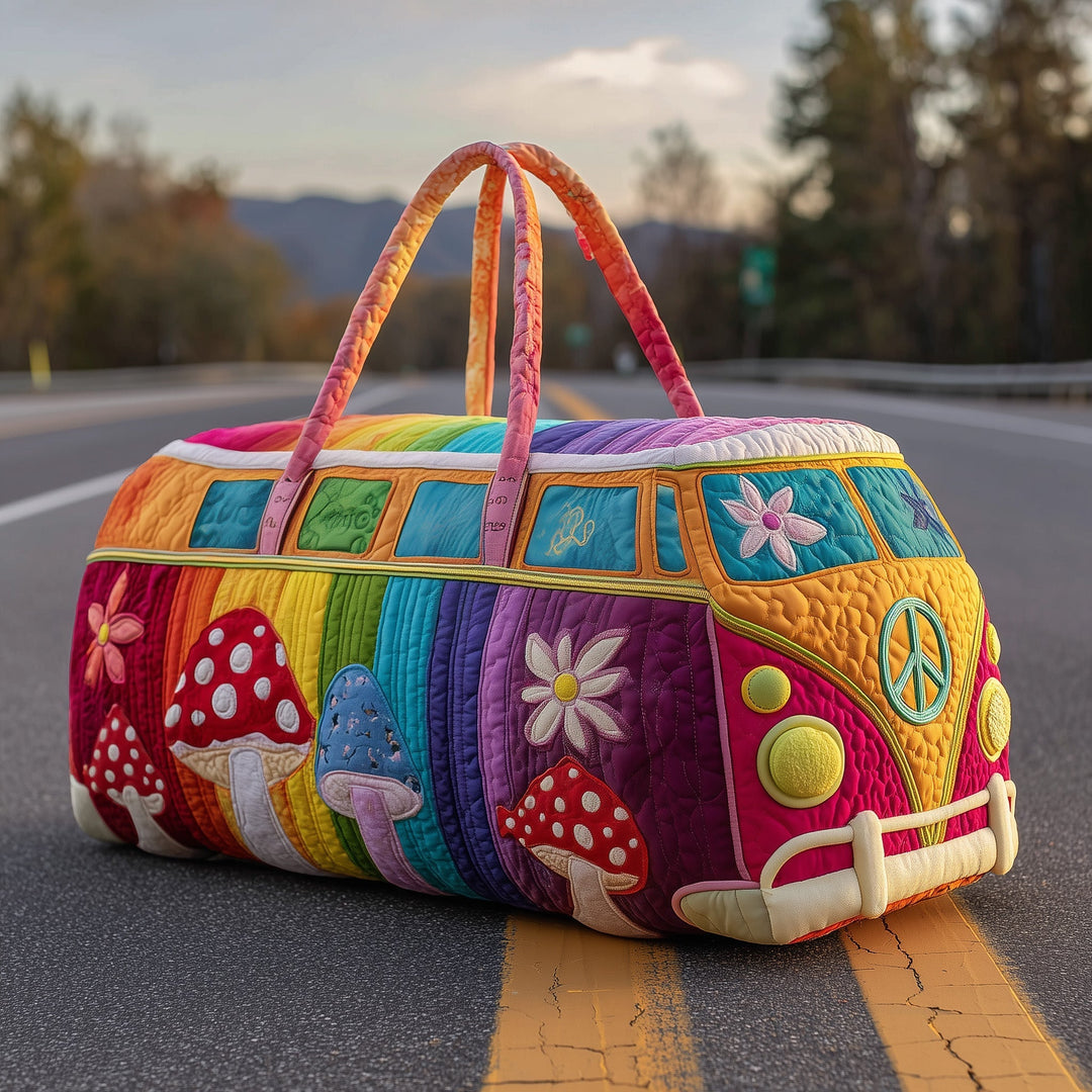 Mushroom Hippie Van Peace Floral Quilted Duffel Bag