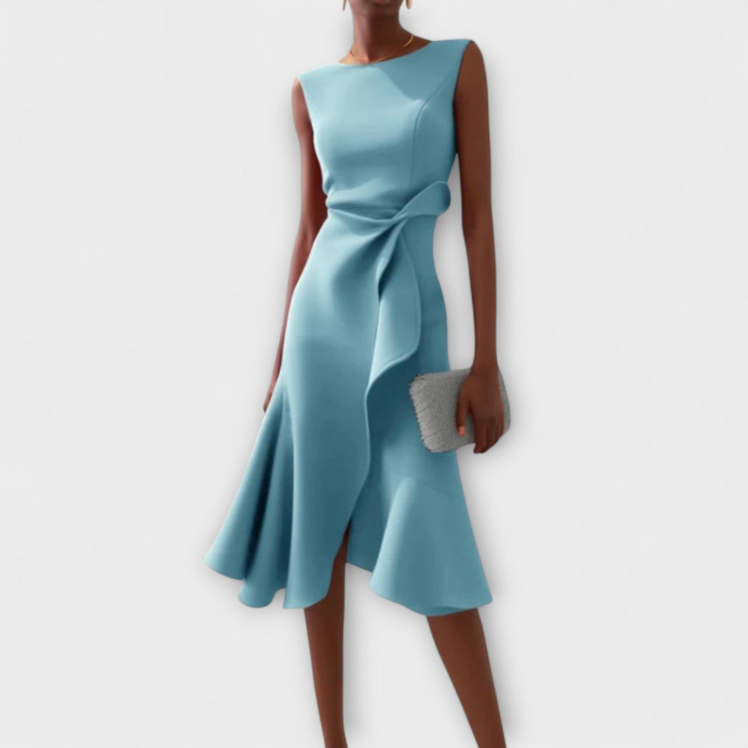 Women's Draped Asymmetric Midi Dress - Elegant Drape Dress