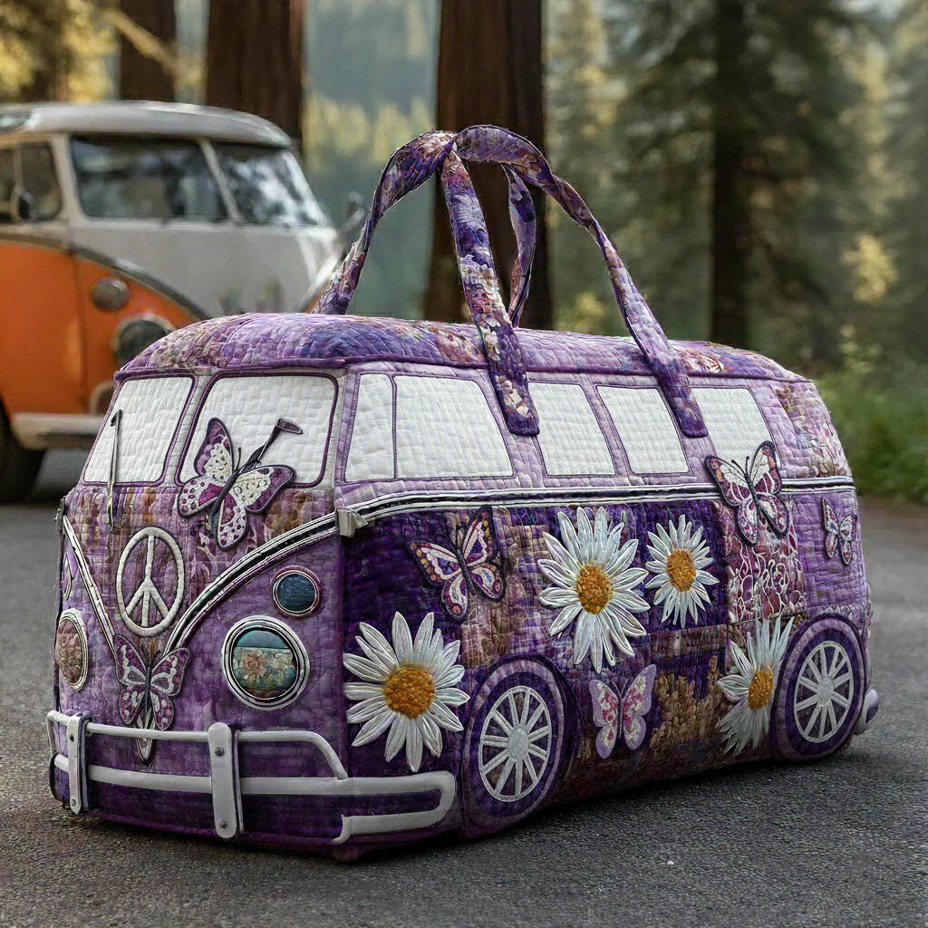 Butterfly Daisy Retro Bus Quilted Duffel Bag