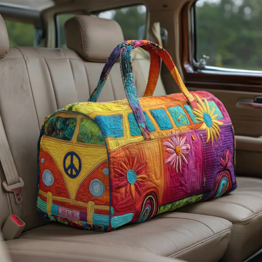 Retro Hippie Van Peace Sunflower Quilted Duffel Bag