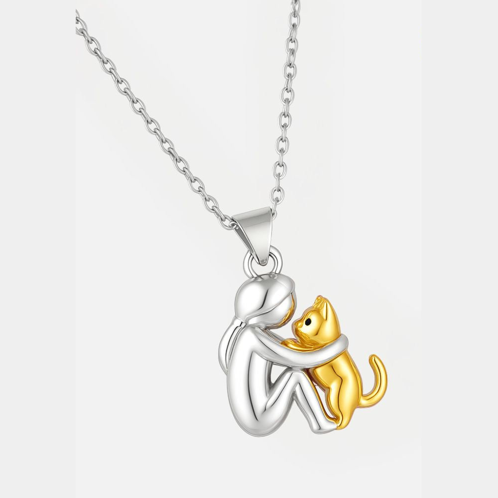 Cat Hug Pendant Necklace - Two Tone Gold