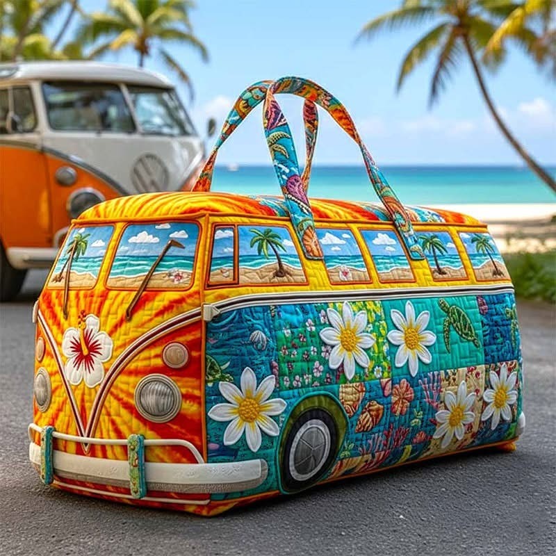 Tropical Beach Hibiscus Bus Quilted Duffel Bag