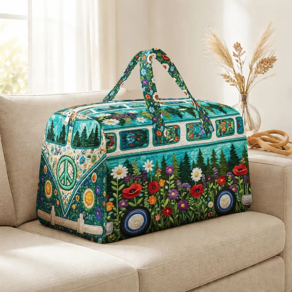 Boho Camper Van Wildflowers Pine Tree Quilted Duffel Bag