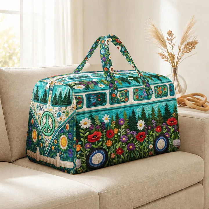 Boho Camper Van Wildflowers Pine Tree Quilted Duffel Bag