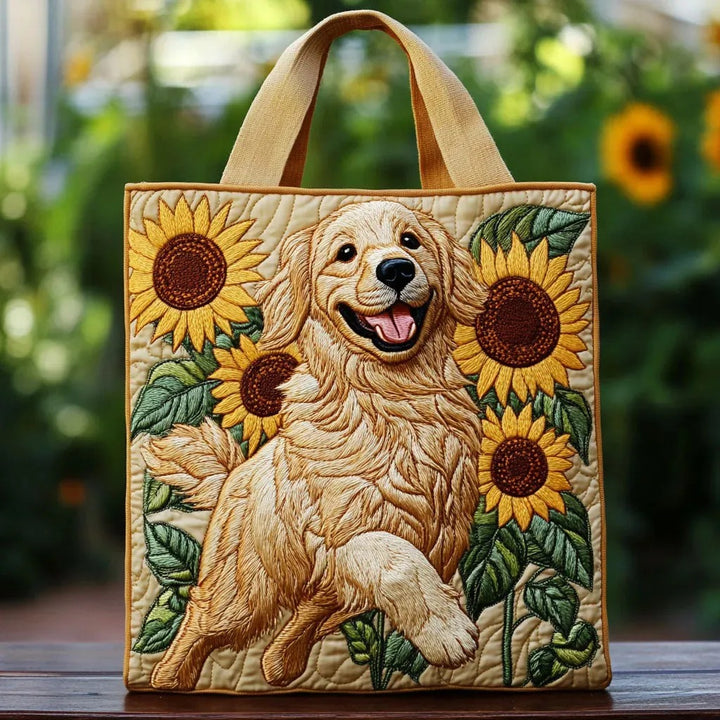Cheerful Retriever Sunflowers Quilted Tote Bag