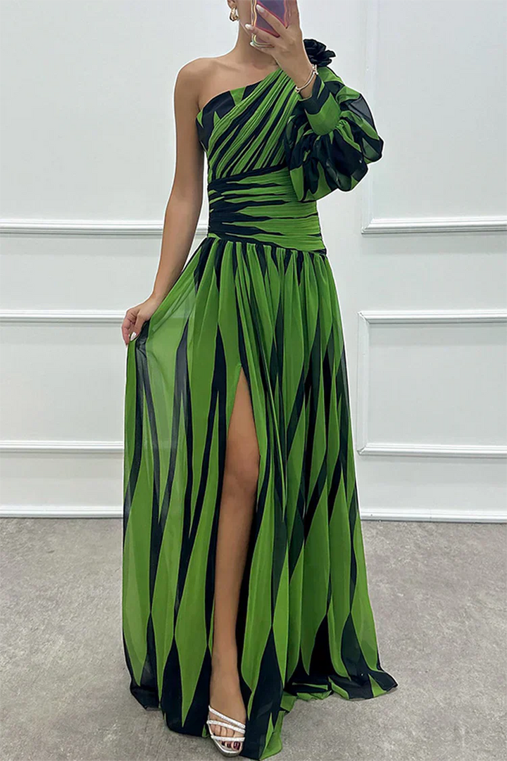 Women's Dress | Striped Maxi One Shoulder Slit