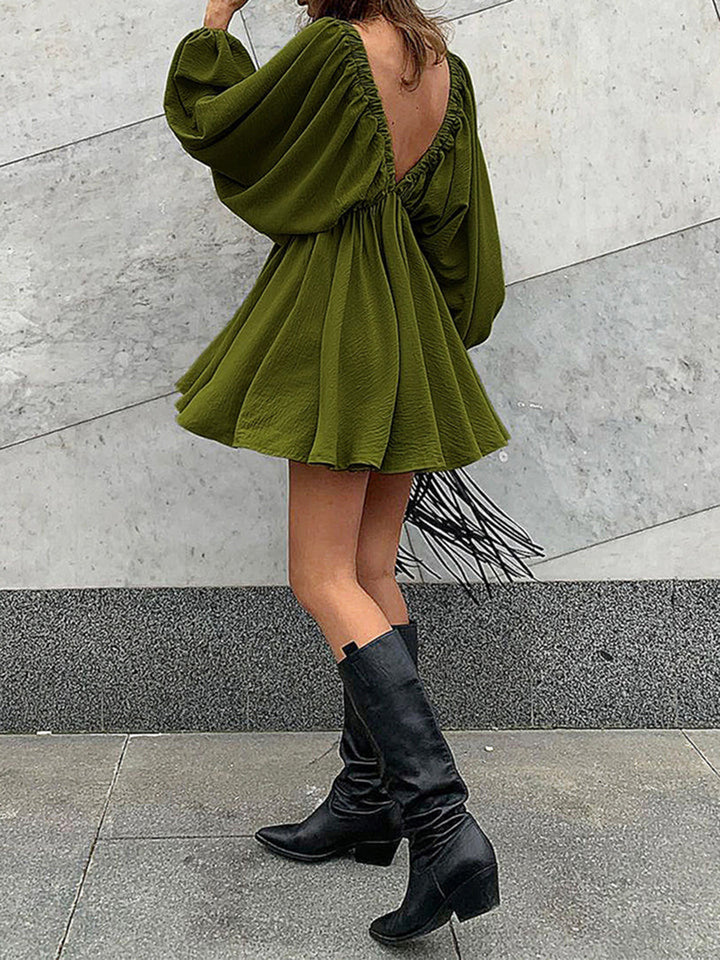 Mini skater dress made of fabric with deep neckline