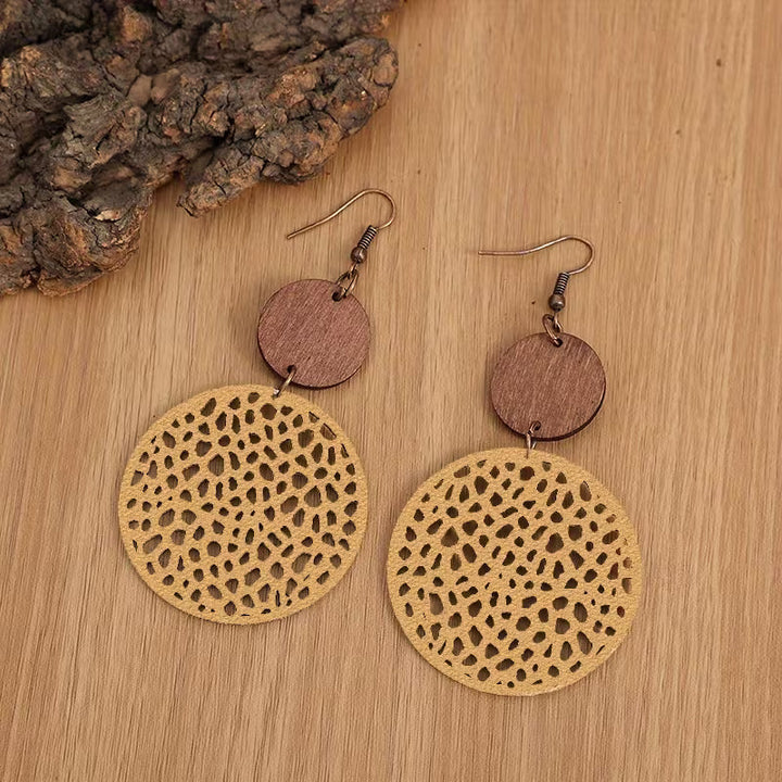 Retro Boho Wood and Leather Drop Earrings