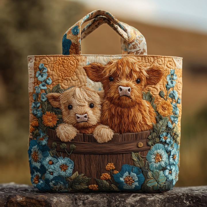Adorable Highland Cow Floral Quilted Tote Bag