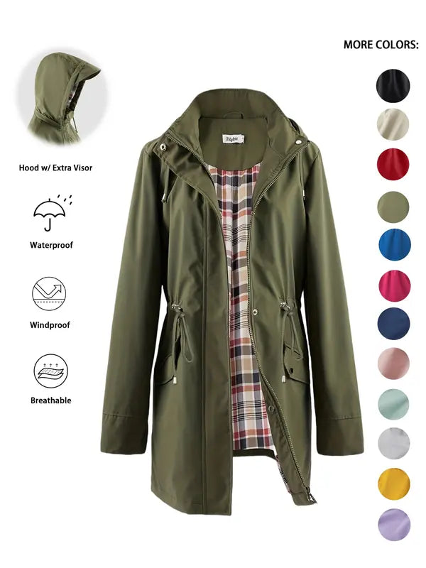QING™ - Casual Drawstring Zip Up Hooded Trench Coat