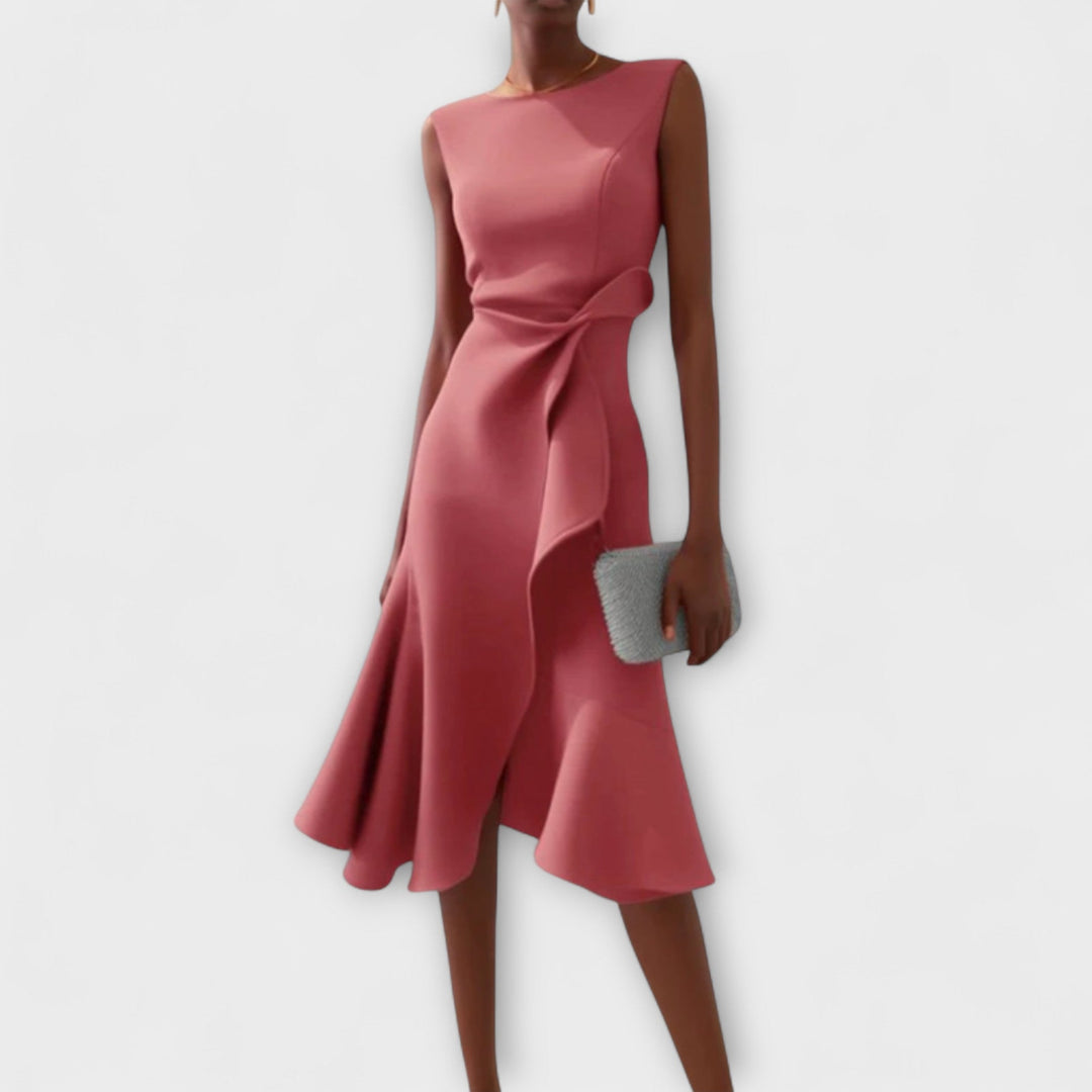 Women's Draped Asymmetric Midi Dress - Elegant Drape Dress