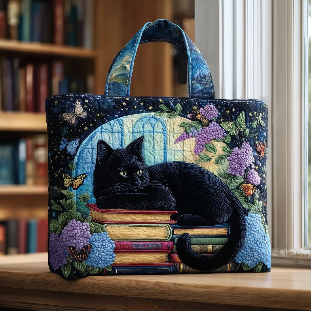 Cat on Books Floral Butterflies Quilted Tote Bag