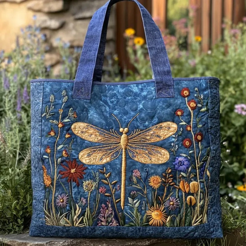 Dragonfly Wildflower Quilted Tote Bag