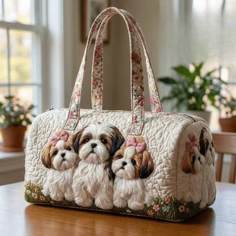 Shih Tzu Puppy Floral Print Quilted Duffel Bag