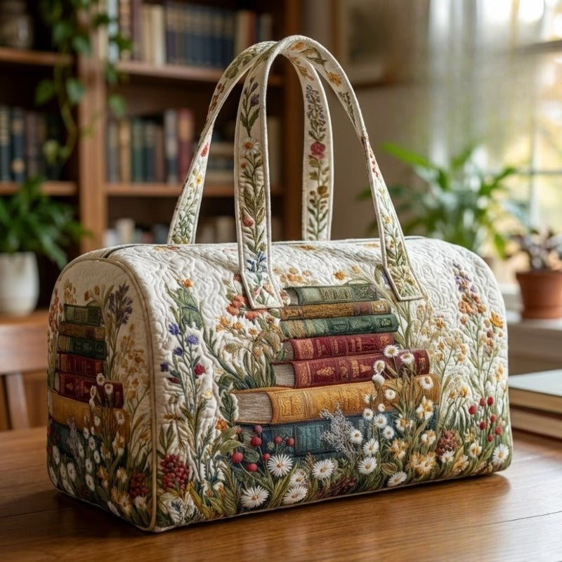 Stacked Books Wildflower Print Quilted Duffel Bag