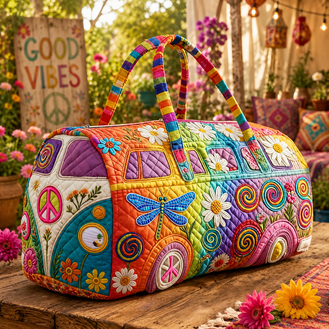 Hippie Bus Peace Daisies Dragonfly Quilted Duffel Bag