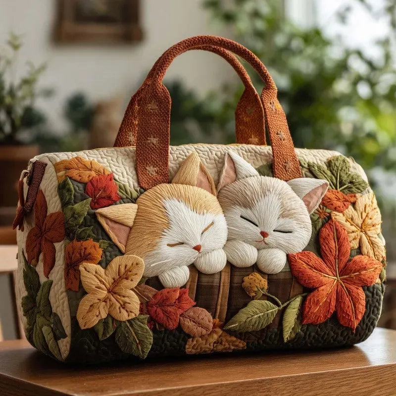 Cute Cat Fall Foliage Quilted Duffel Bag
