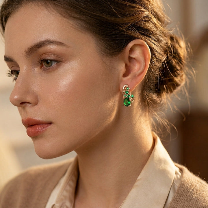 Gold Emerald Cluster Drop Earrings