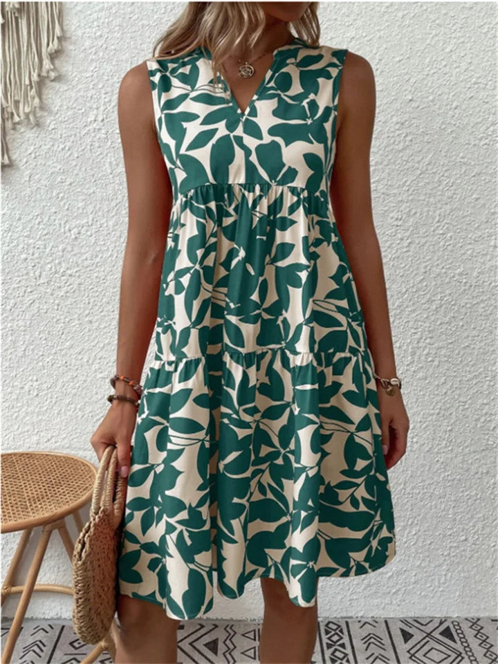 Women's Dress | Leaf Print Sleeveless V-Neck Mini