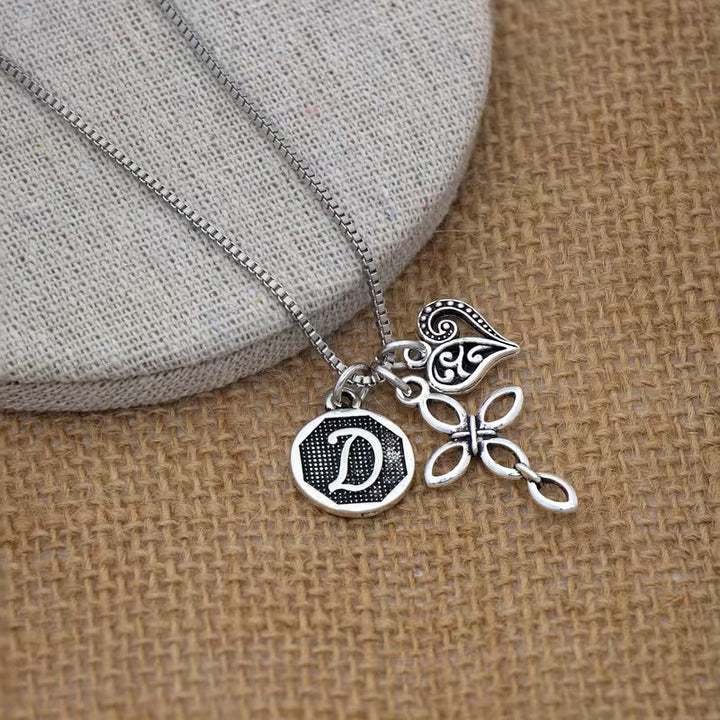 Initial Letter Heart & Cross Necklace