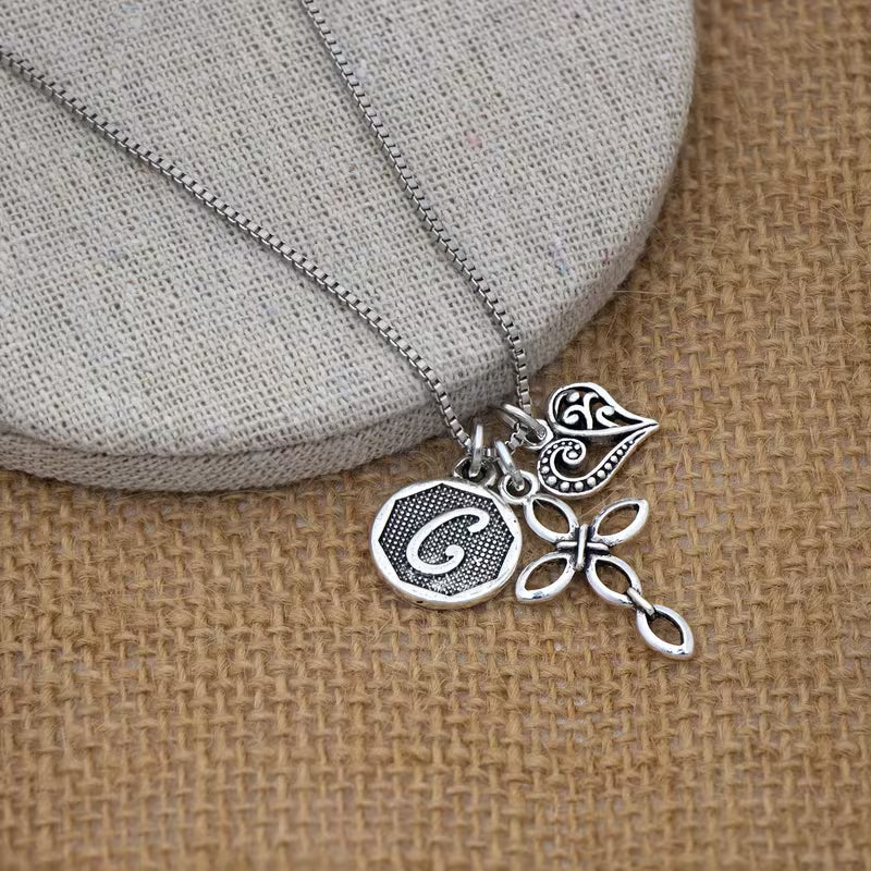 Initial Letter Heart & Cross Necklace